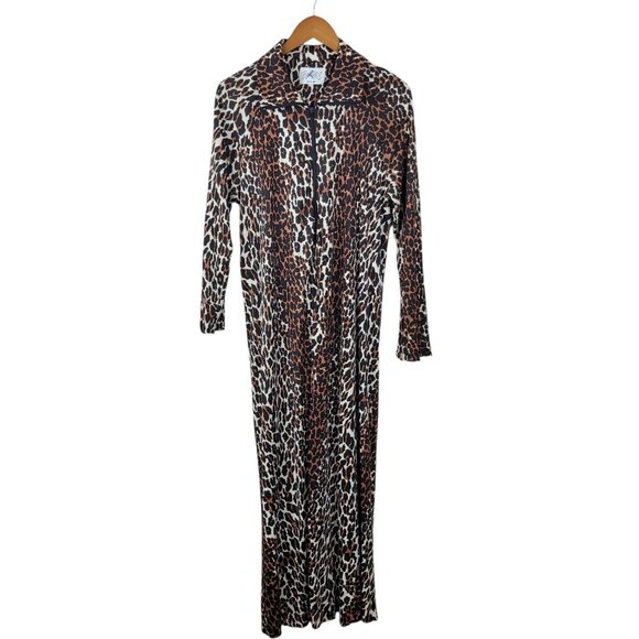 Vintage Housecoat Robe Small Medium pockets Long 1/2 Zip Up Cheetah Leopard FLAW - Picture 2 of 9